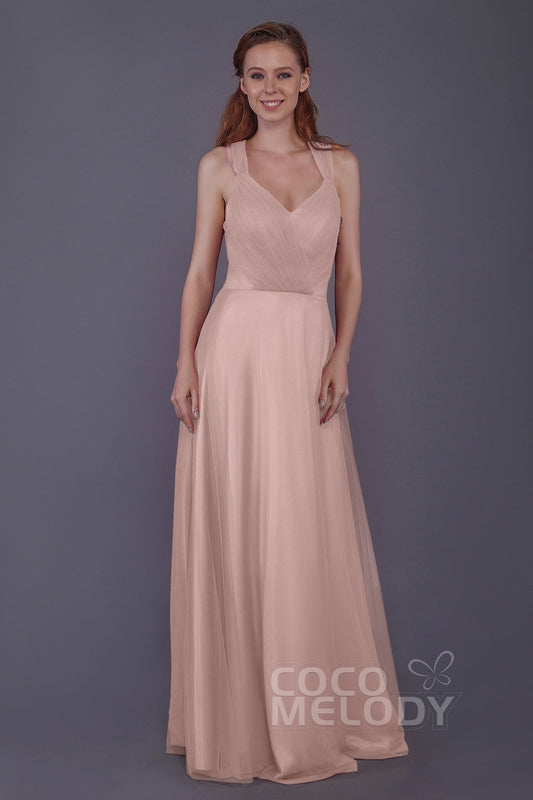 Sheath-Column Floor Length Tulle Bridesmaid Dress PR3496