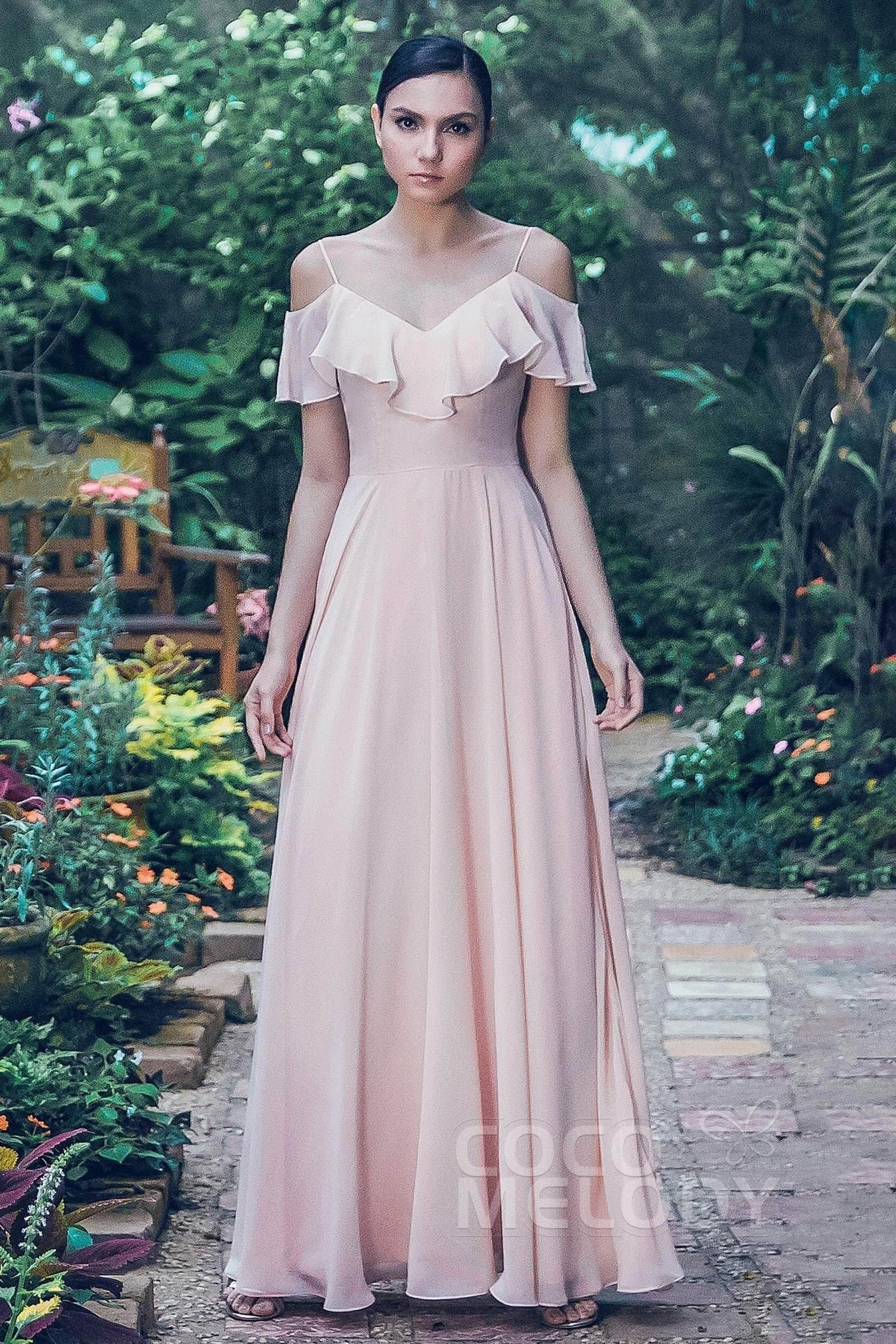 Floor Length Chiffon Bridesmaid Dresses with Ruffle Sleeves COCOMELODY PR3570, Veiled Rose Floor Length Chiffon Bridesmaid Dresses with Ruffle Sleeves COCOMELODY PR3570, Veiled Rose