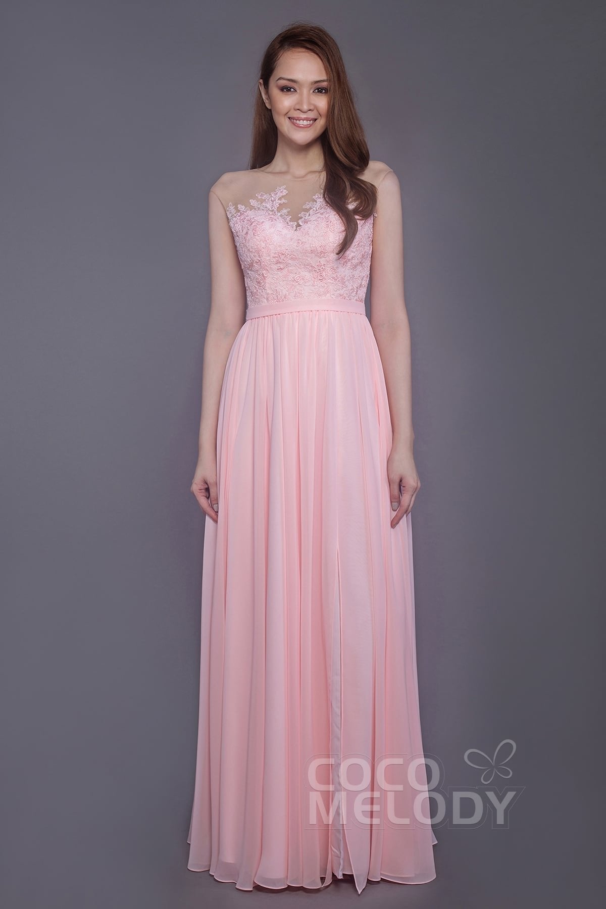 Sheath Floor Length Chiffon and Lace Bridesmaid Dress PR3595