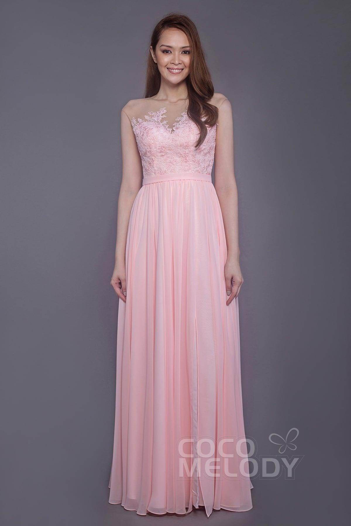 Sheath Floor Length Chiffon and Lace Bridesmaid Dress PR3595 - COCOMELODY