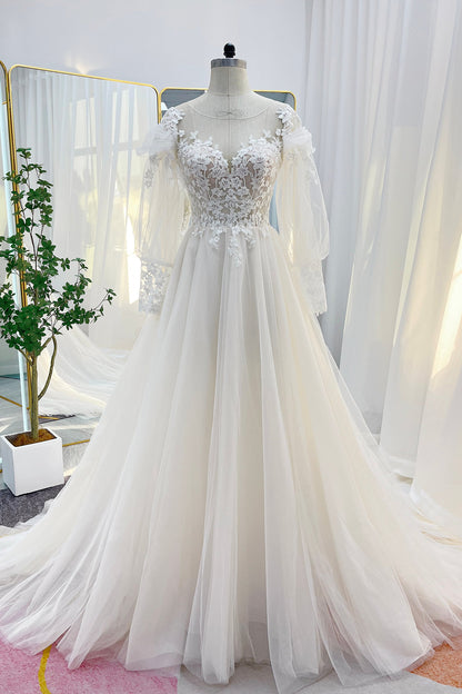A-Line Chapel Train Lace Tulle Wedding Dress CW3240