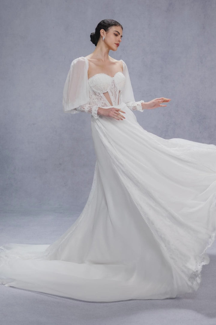 A-Line Court Train Chiffon Lace Wedding Dress CW3357 - COCOMELODY