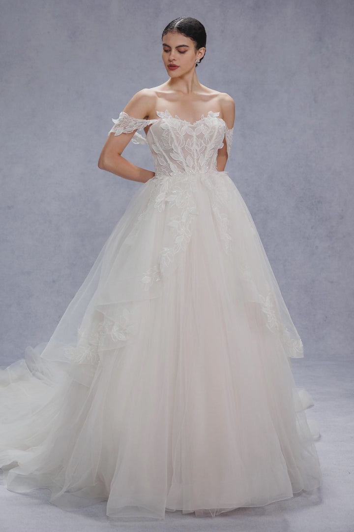 Ball Gown Court Train Lace Tulle Wedding Dress CW3543 - COCOMELODY