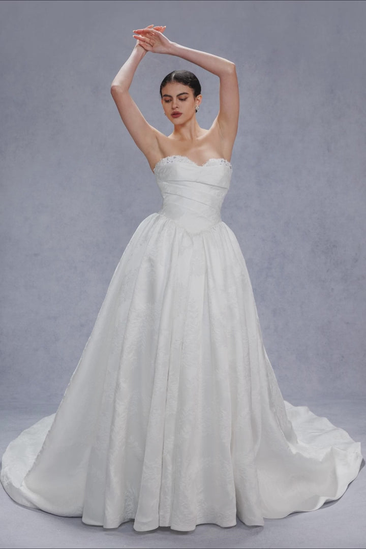 Ball Gown Court Train Jacquard Satin Wedding Dress CW3532 - COCOMELODY