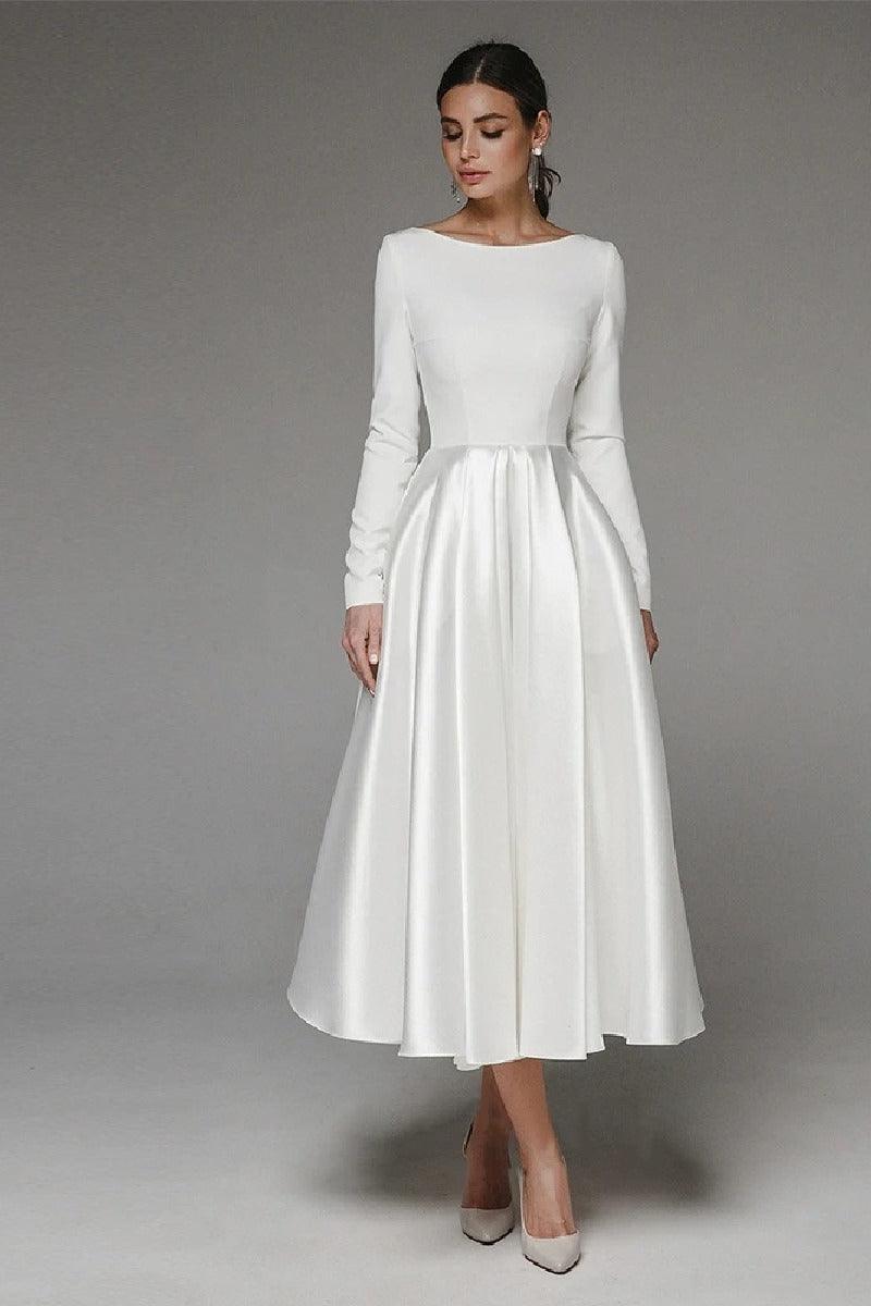 A-Line Tea Length Satin Wedding Dress 745249926431 - COCOMELODY