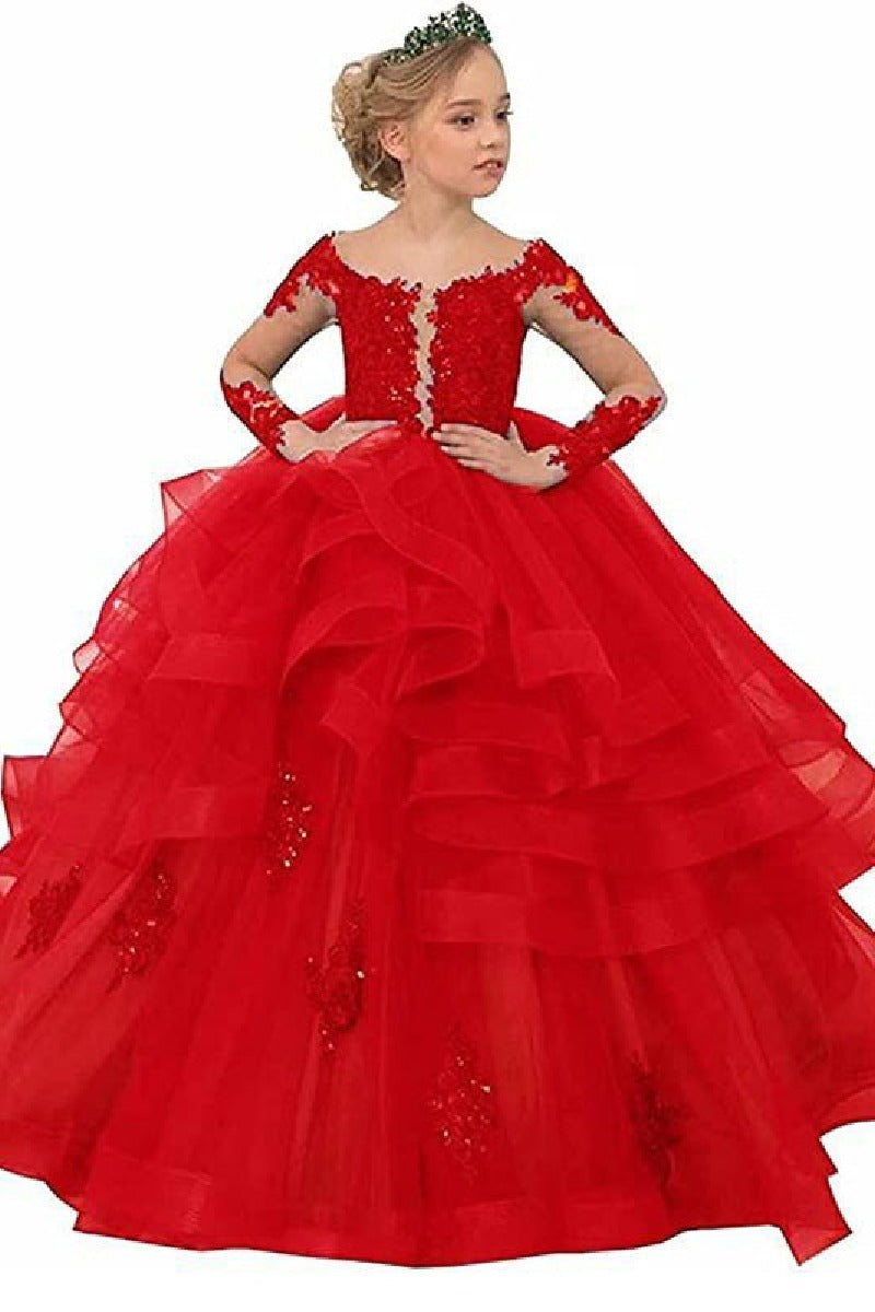 A-Line Off The Shoulder Long Sleeve Tulle Floor Length Flower Girl Dresses 617925271837