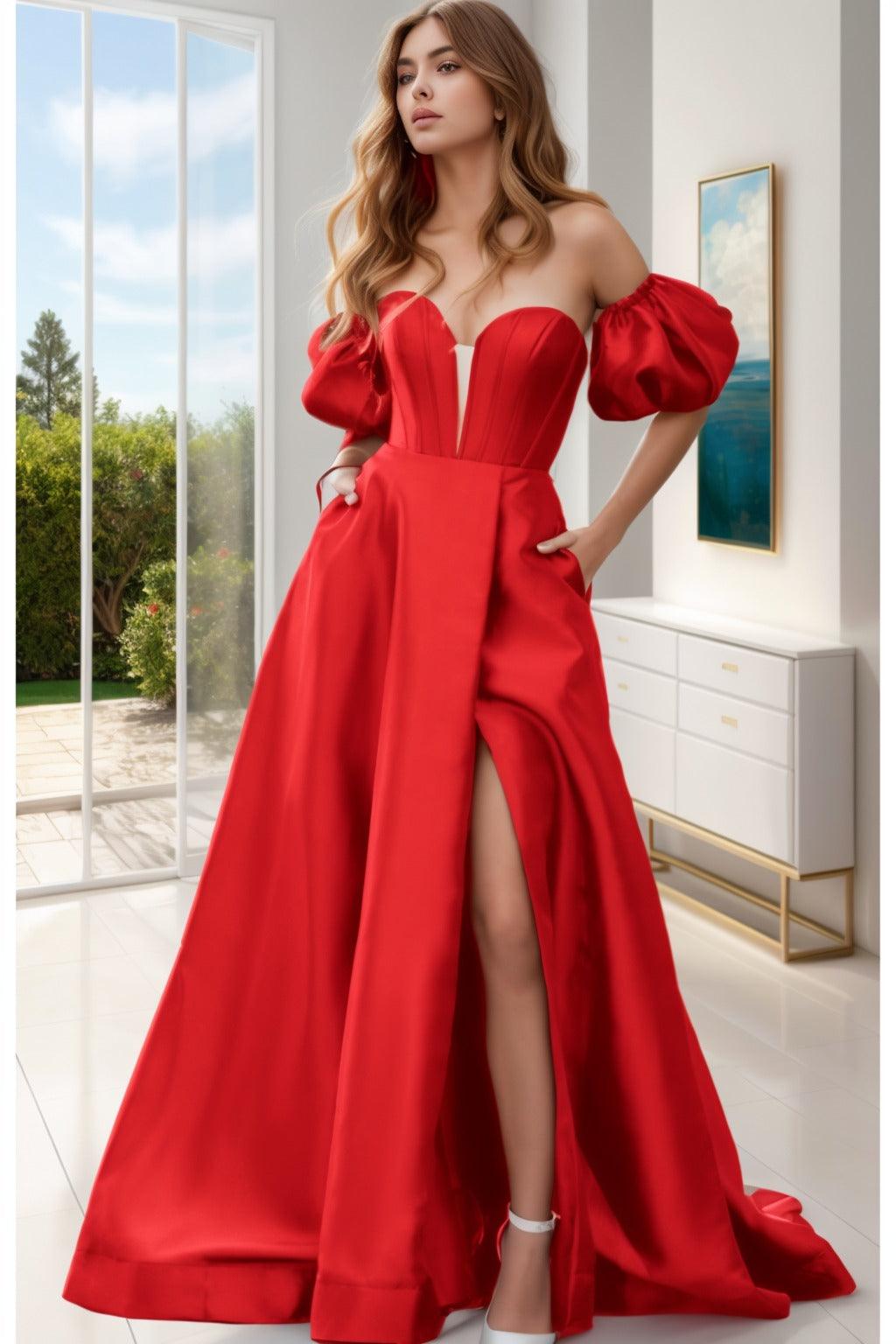 A-Line Sweep-Brush Train Satin Prom Dress CS0448 - COCOMELODY