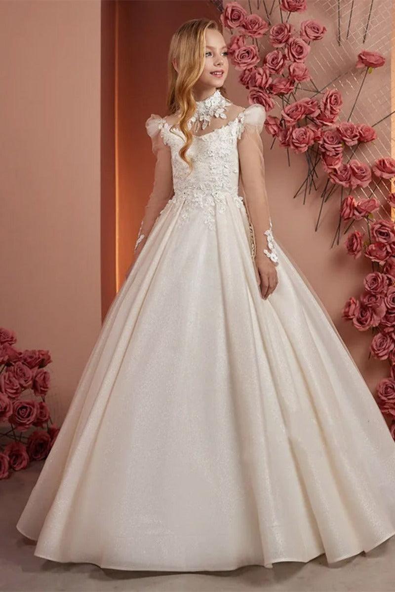 Illusion High Neck Lace Long Sleeve Tulle Flower Girl Dresses 742584424285 - 10 Days / White / 2 - COCOMELODY