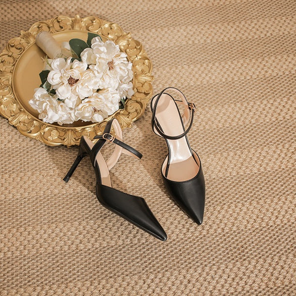 Elegant Pointed Toe Slingback Heels with Delicate Ankle Strap Shoes 771508437933
