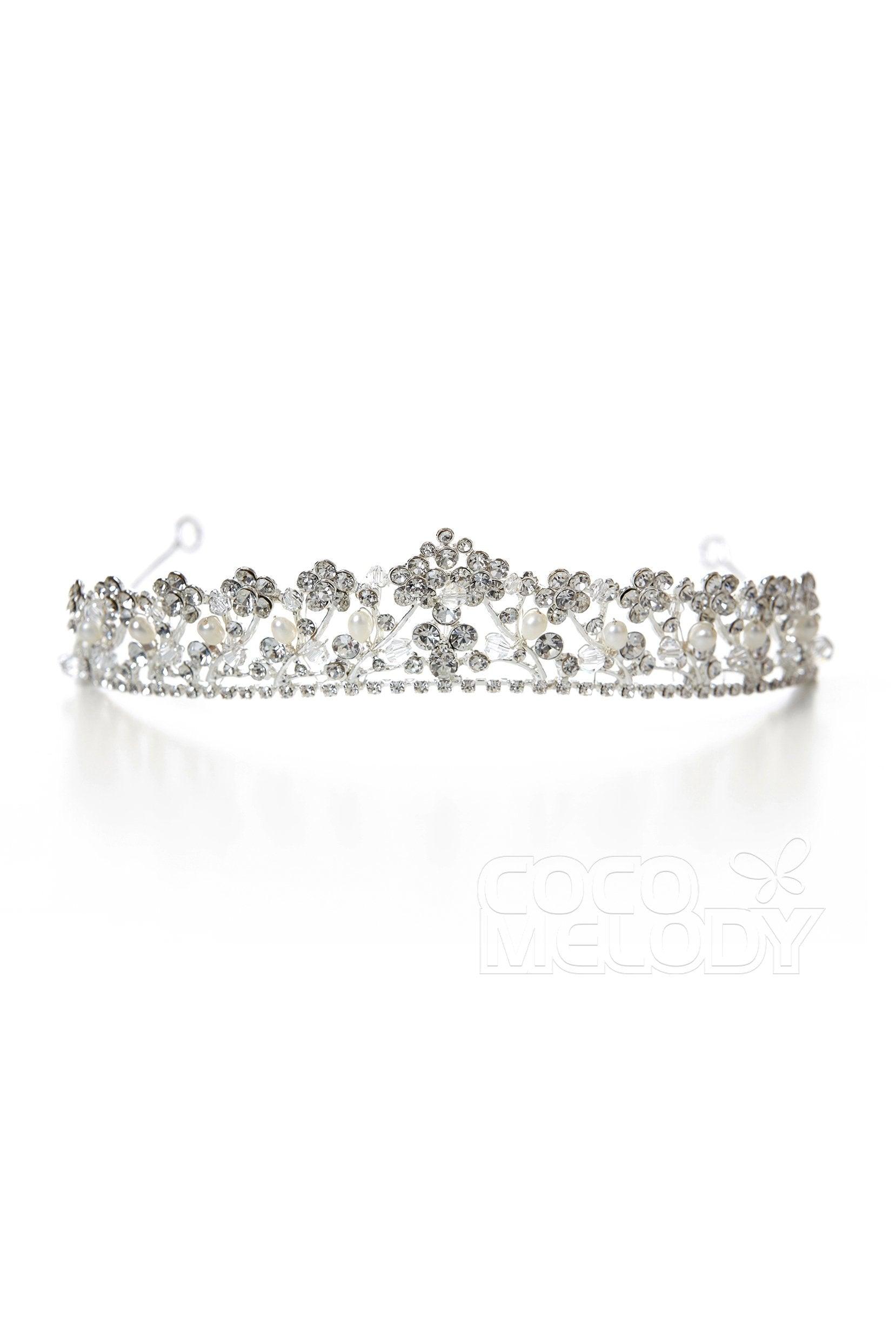 Luxurious Cubic Zirconia Tiara with Imitation Pearl CR17006 - COCOMELODY