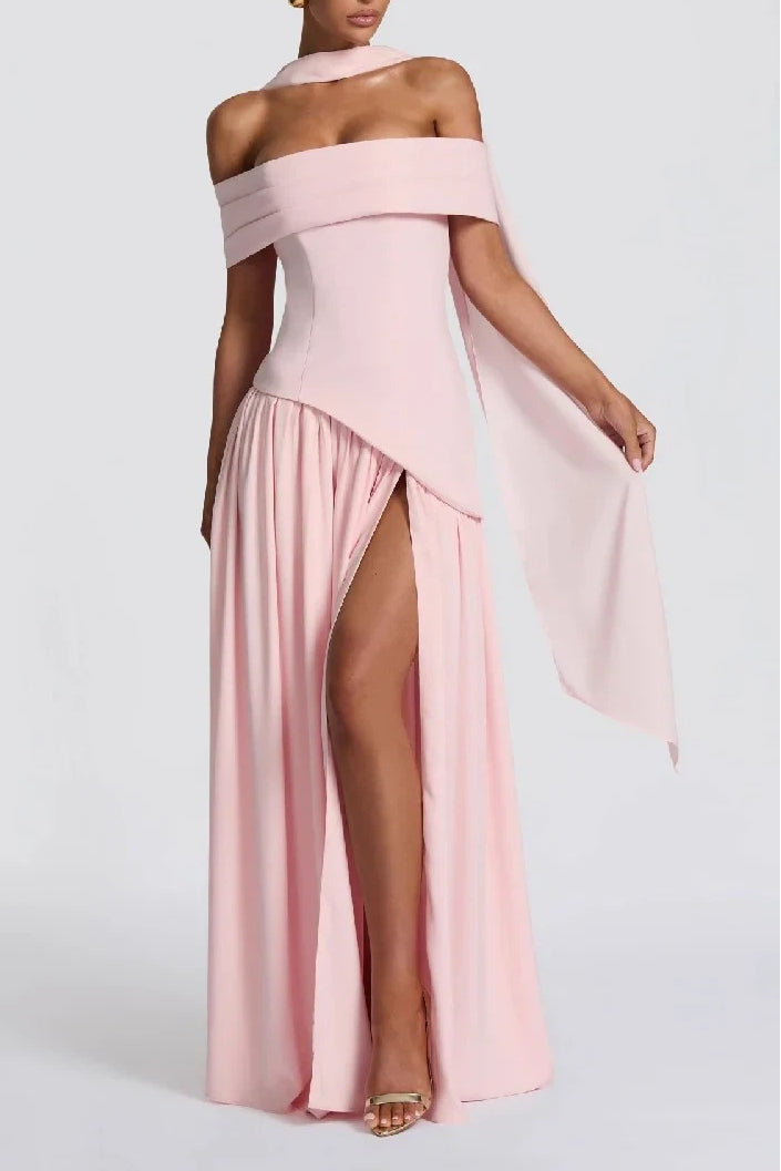 Off The Shoulder Sheath Floor Length Silk-Like Wedding Guest Dress Pleats Slit COCOMELODY 963358428274, 10 Days / Pink / XL