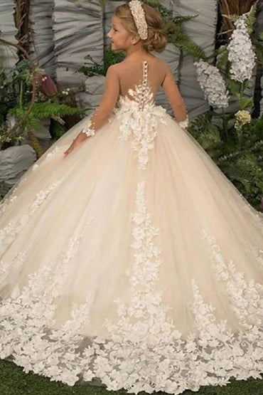 A-Line Illusion Neck Long Sleeve Tulle Sweep-Brush Train Flower Girl Dresses 672919694337 - COCOMELODY