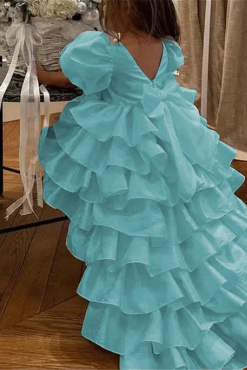 Romantic High-Low Train Tiered Ruffles Back Bow Flower Girl Dresses 950388949190