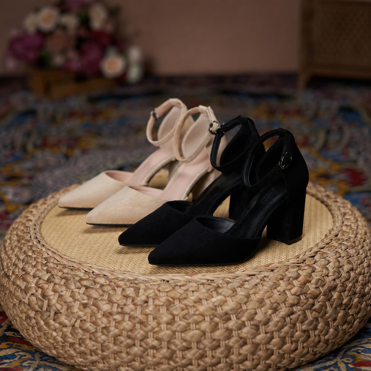 Suede Pointed Toe Block Heel Pumps Ankle Strap Elegant Shoes 695304002209