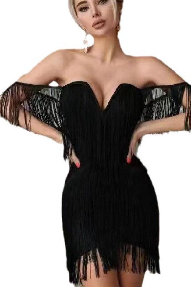 Black bandage dress with shoulder fringe V lead party dress 833532591051 - COCOMELODY