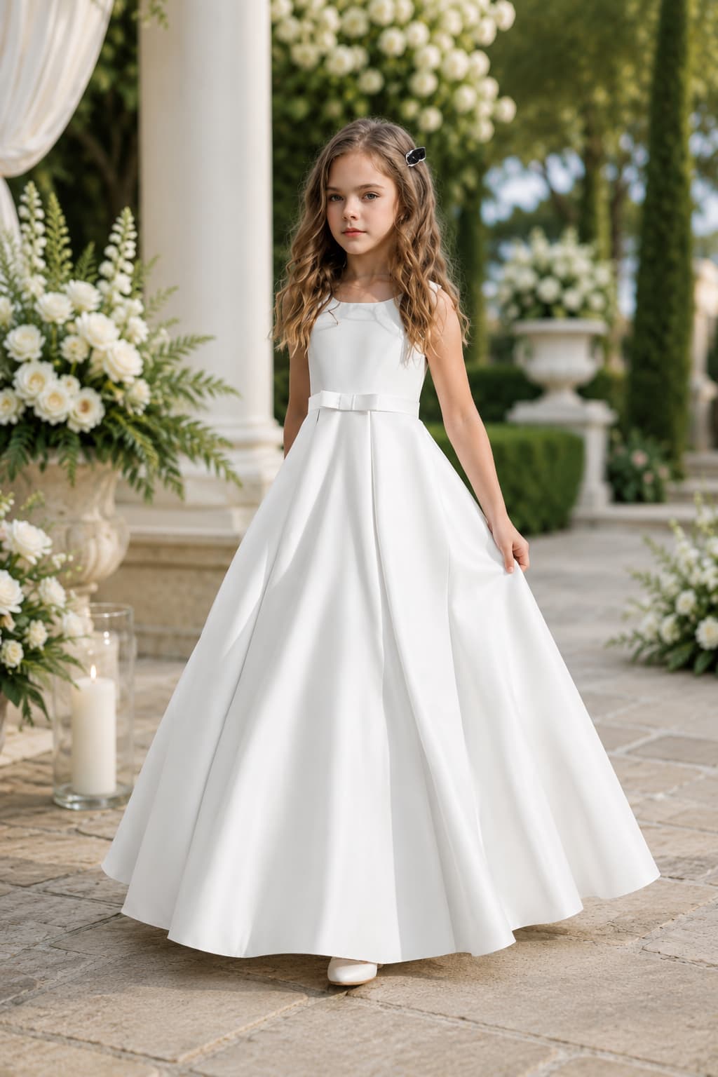 Flower Girl Dresses Satin V-Back Bow Straps Floor Length Wedding Gown 1058875849330