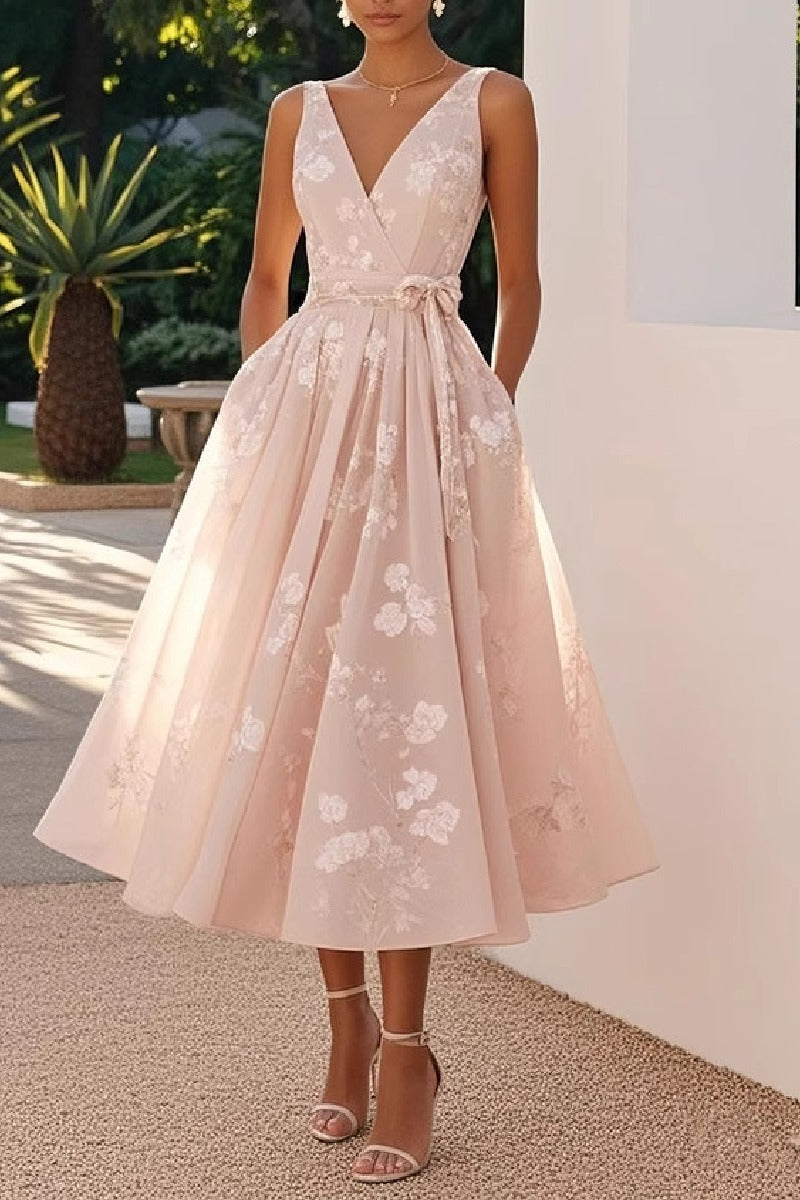 A-Line Tea Length Lace Wedding Guest Dress 936977177647