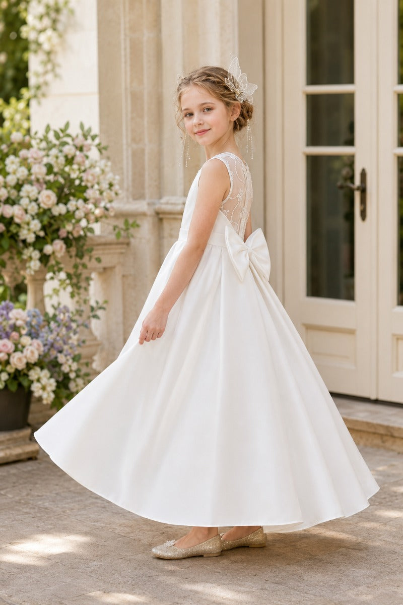 Luxury Satin Illusion Floral Mesh Back Bow Flower Girl Dresses 1042041646357