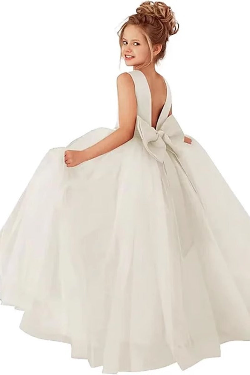 Satin Sleeveless Round Neck V-Back Bow Floor Length Flower Girl Dresses 772100832769