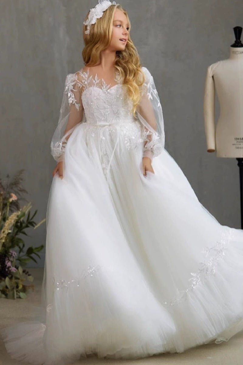 Ball Gown Illusion Sweetheart Neck Sheer Puff Long Lace Sleeves With Fitted Cuffs Tulle Floor Length Flower Girl Dresses 733237512683