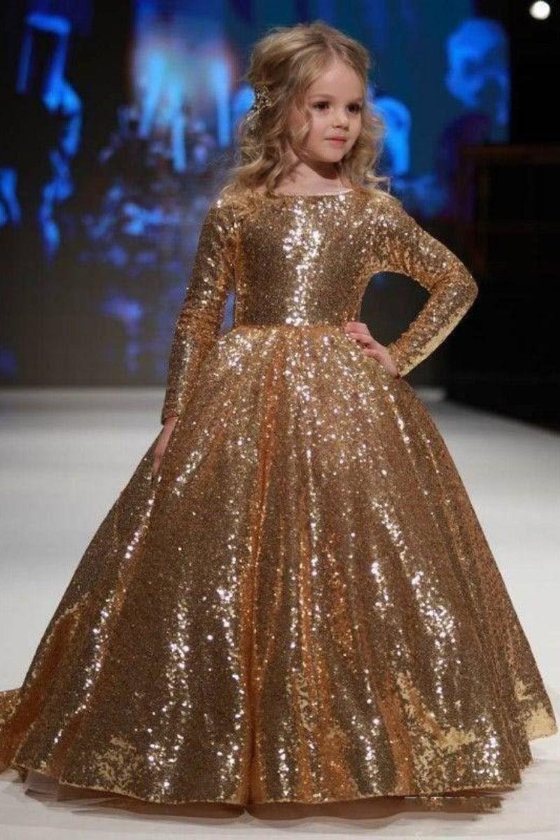 Luxury Gold Sequin Long Sleeve Round Neck Flower Girl Dresses 617778289380 - 7 Days / Gold / 2 - COCOMELODY
