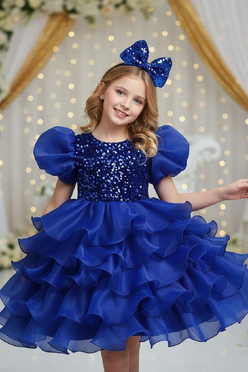 Princess Round Neck Puff Sleeve Sequin Ruffled Organza Knee Length Flower Girl Dresses 1029252510739