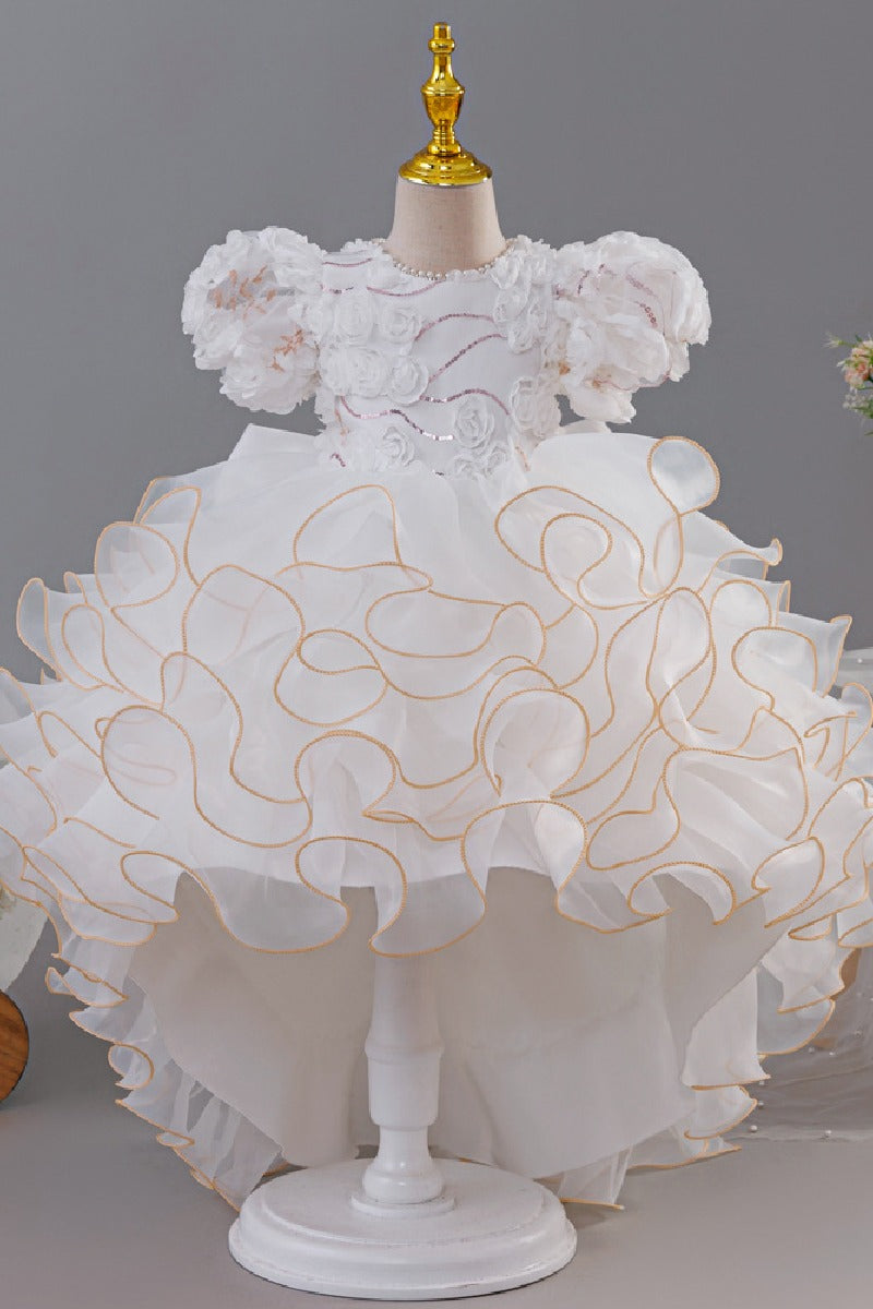 Princess Pearl Round Neck Short Puff Bubble Sleeve Ruffled Hi-Low Tulle Flower Girl Dresses 1030620832344