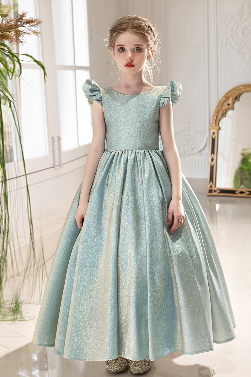 Glitter Fabric Gown Ruffle Sleeves Bow Floor Length Flower Girl Dresses 916560252784