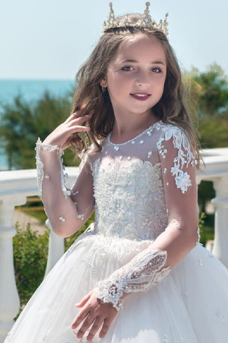 Ball Gown Illusion Round Neck Long Illusion Lace Sleeves Tulle Sweep-Brush Train Flower Girl Dresses 618147584052