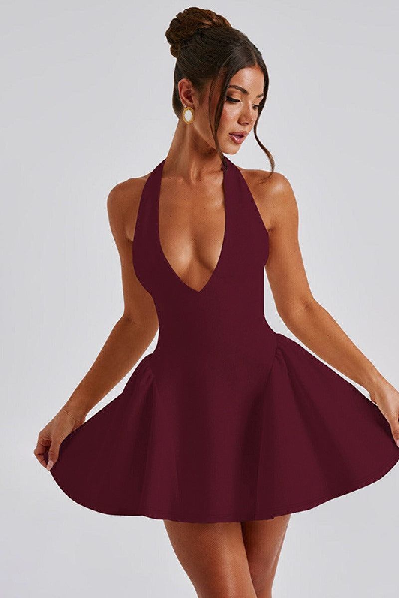 Sexy deep V halter sleeveless waist slimming cocktail dress 847740943644