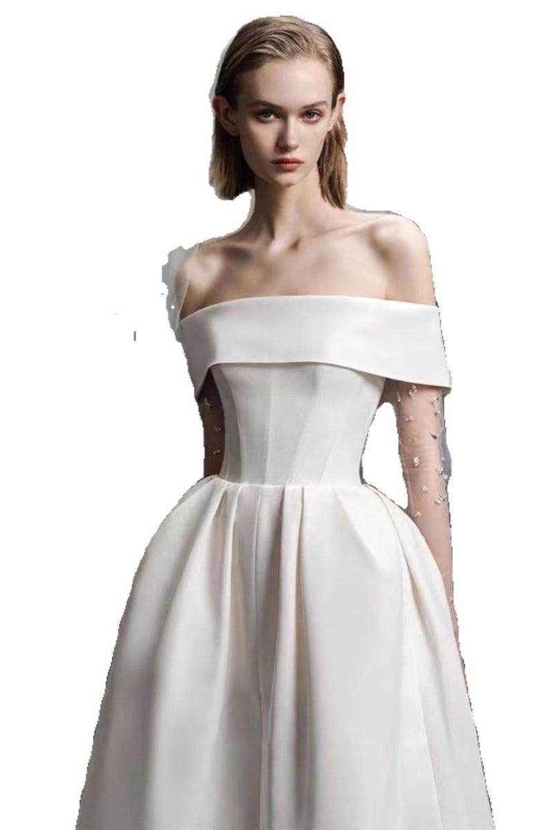 A-Line Tea Length Satin Wedding Dress 796475057645 - COCOMELODY