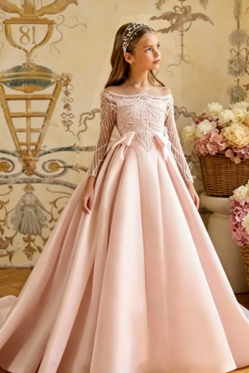 A-Line Off-Shoulder Beaded Satin Flower Girl Dresses 1059107968671