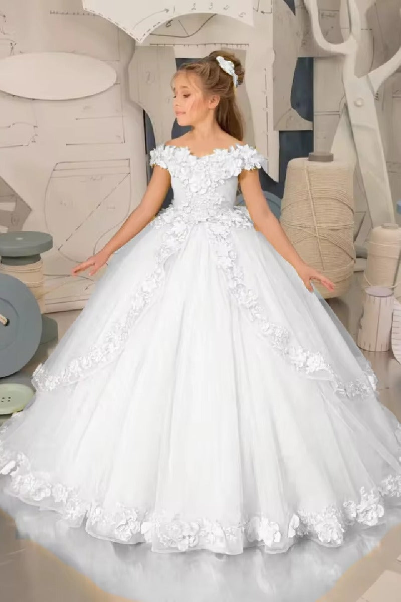 A-Line Off The Shoulder Cap Sleeve Tulle Court Train Flower Girl Dresses 905552294527