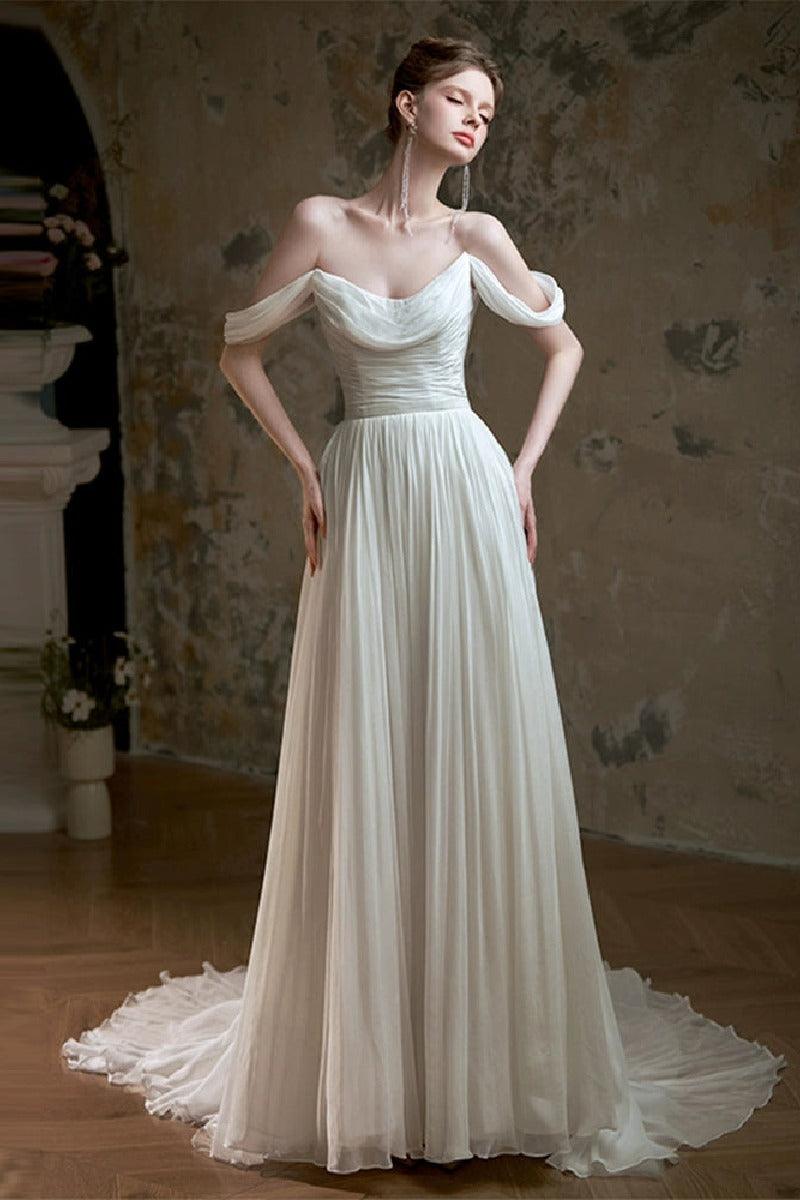 A-Line Sweep-Brush Train Chiffon Wedding Dress 811880629978 - COCOMELODY