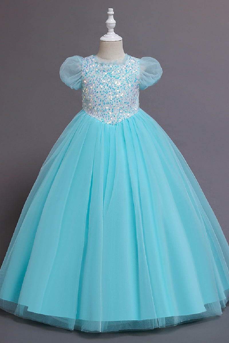 A-Line Short Puff Sleeve Sequin Rainbow Tulle Floor-Length Flower Girl Dresses 1029773142446