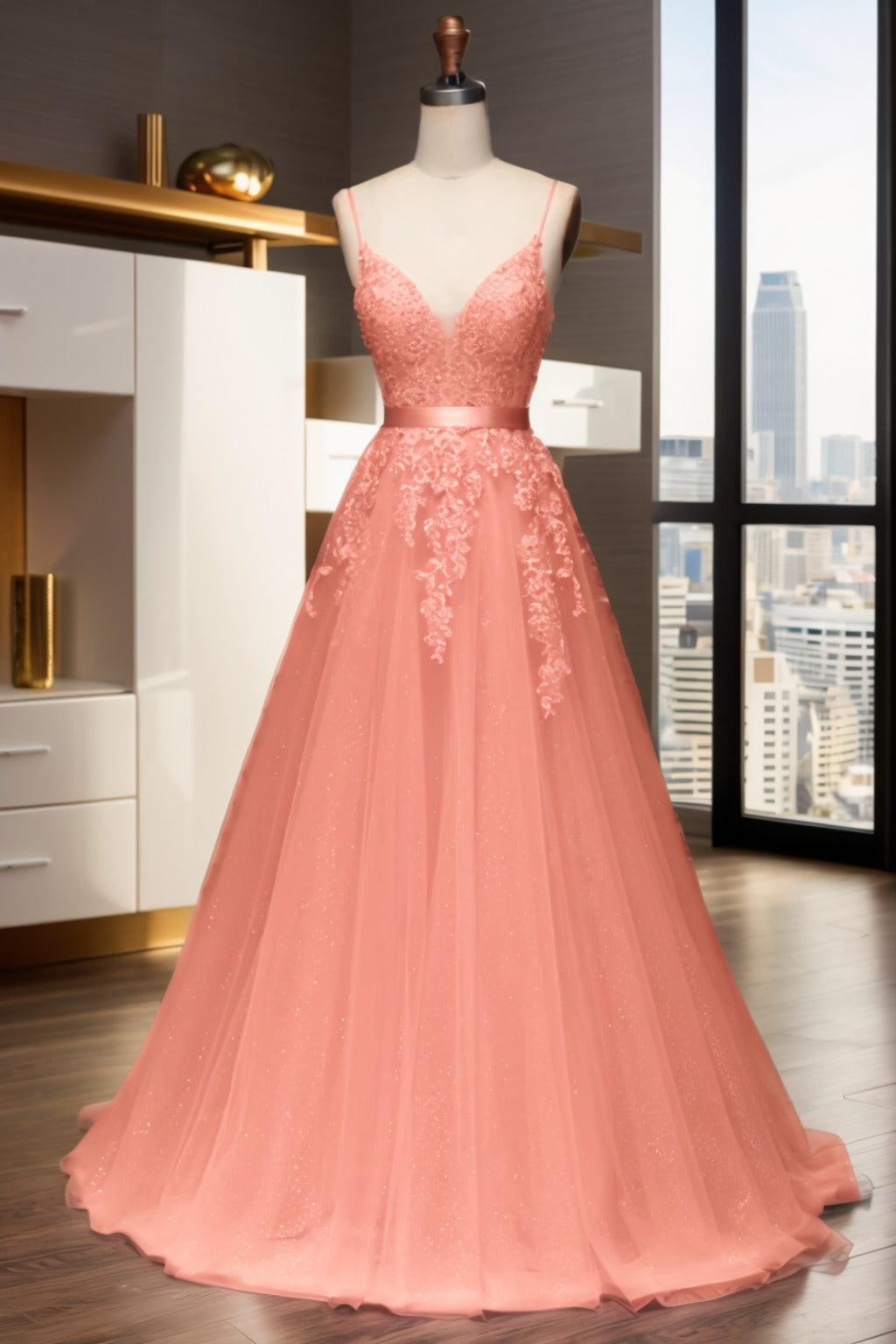 A-Line Sweep-Brush Train Tulle Prom Dress CS0464 - COCOMELODY
