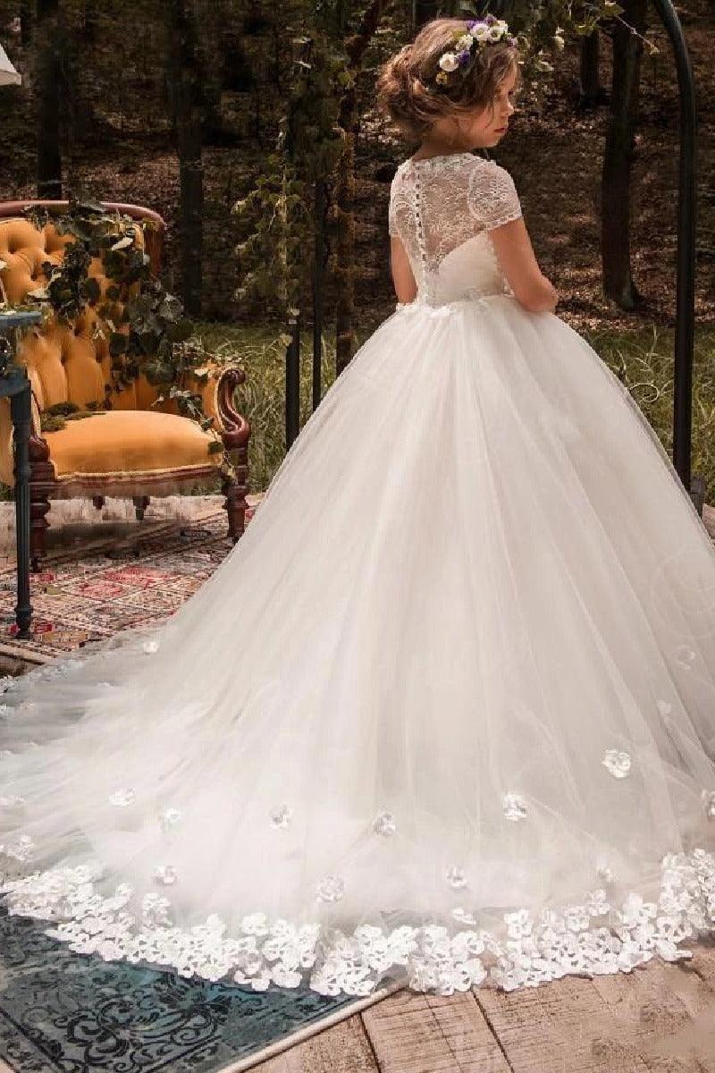 A-Line Scoop Neck Short Sleeve Tulle Court Train Flower Girl Dresses 819345177220 - COCOMELODY