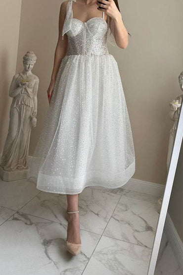 A-Line Tea Length Sparkling Tulle Little White Dress 100004 - COCOMELODY