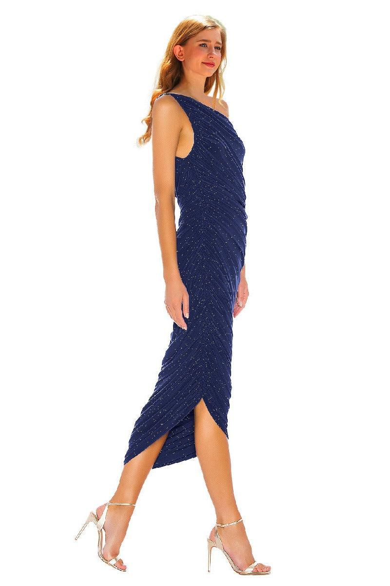 Silver wire pleated oblique shoulder cocktail dress 752479154321 - COCOMELODY