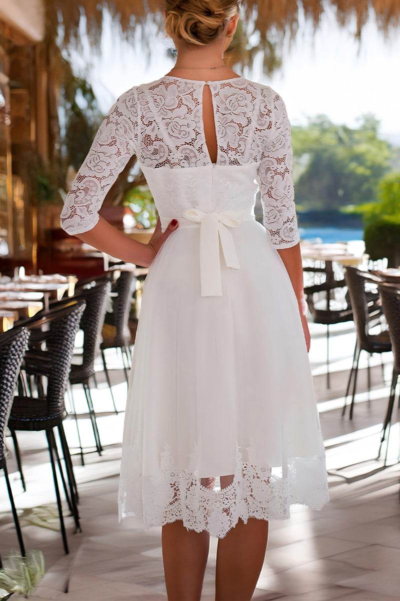 A-Line Tea Length Lace Tulle Little White Dress 100014 - COCOMELODY