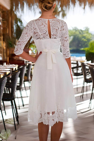 A-Line Tea Length Lace Tulle Little White Dress 100014 - COCOMELODY