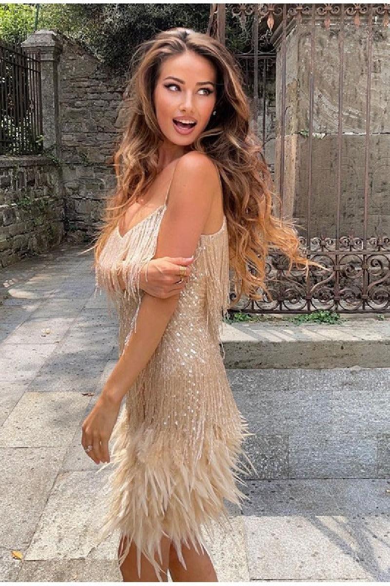 Fringed sequin sexy V-neck cocktail dress 715257715853 - COCOMELODY