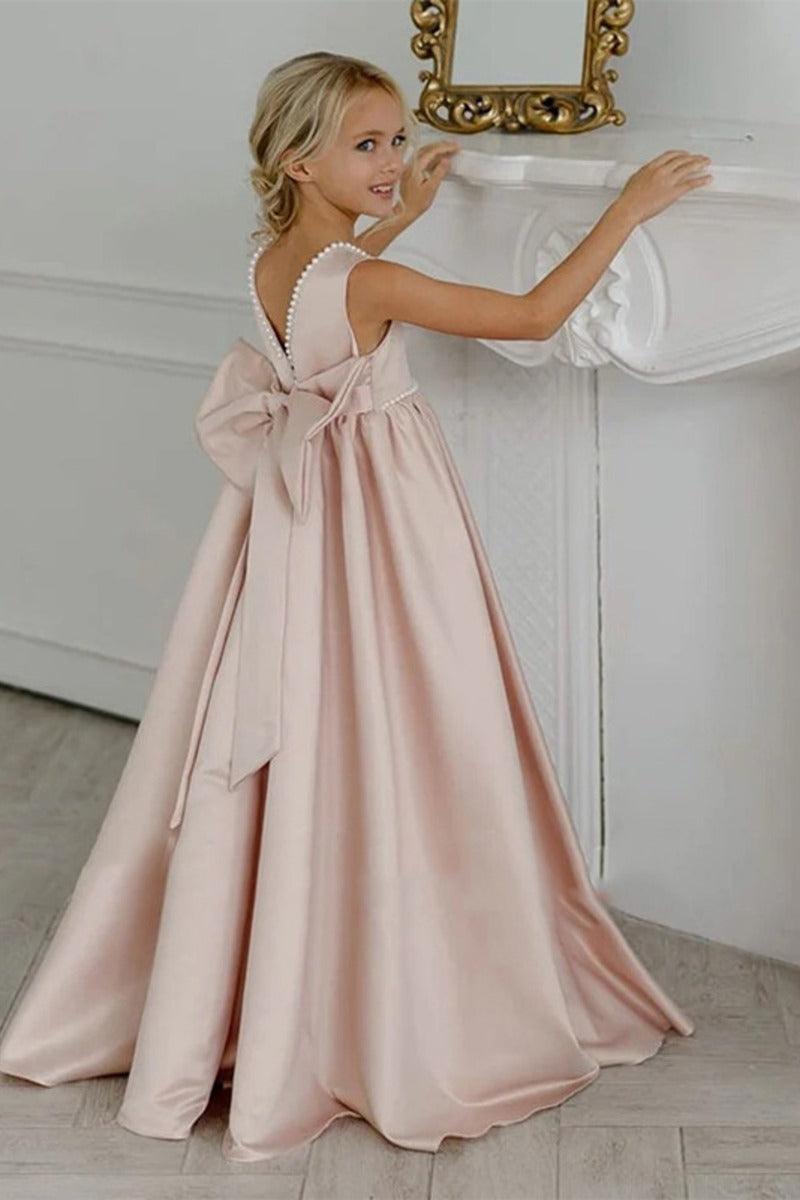 Satin Pearl Trim Deep V-Back Bow Floor Length Flower Girl Dresses 912220986900 - 7 Days / Pink / 130cm - COCOMELODY