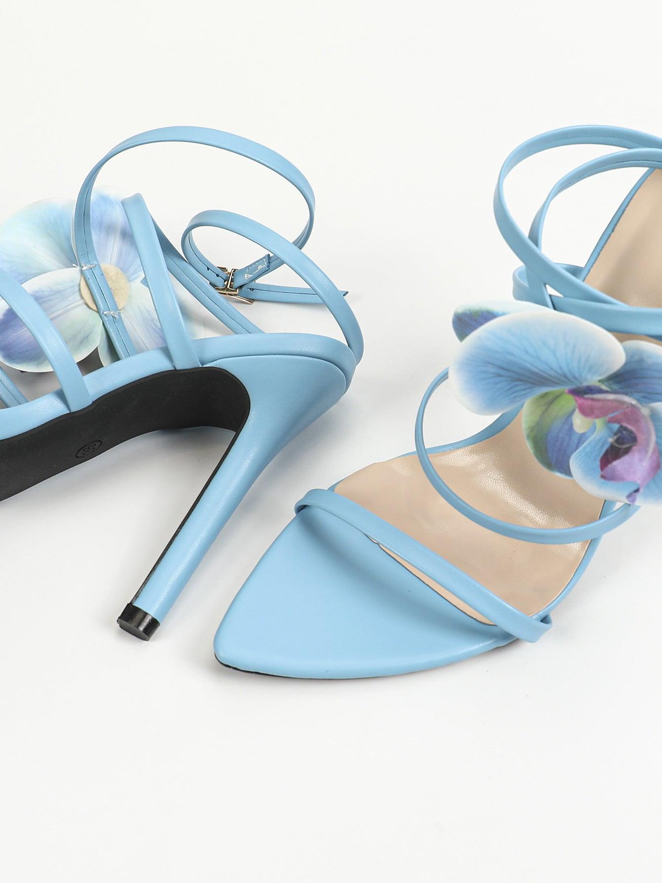 3D Flowers Cross Pointy Stiletto heel Sandals 816637125592 - COCOMELODY