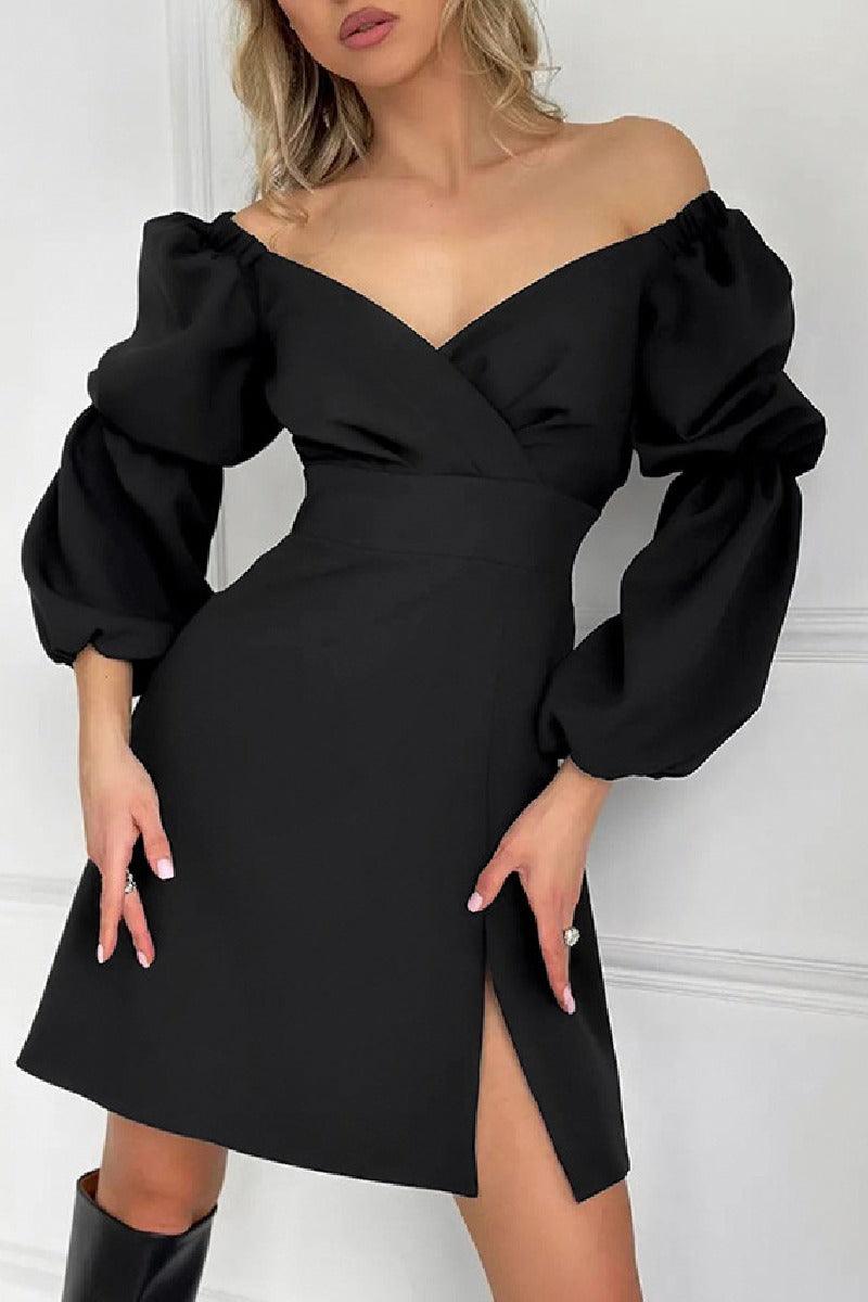 Black V-neck lantern sleeve waistline A-line little black cocktail dress 840281839688 - COCOMELODY