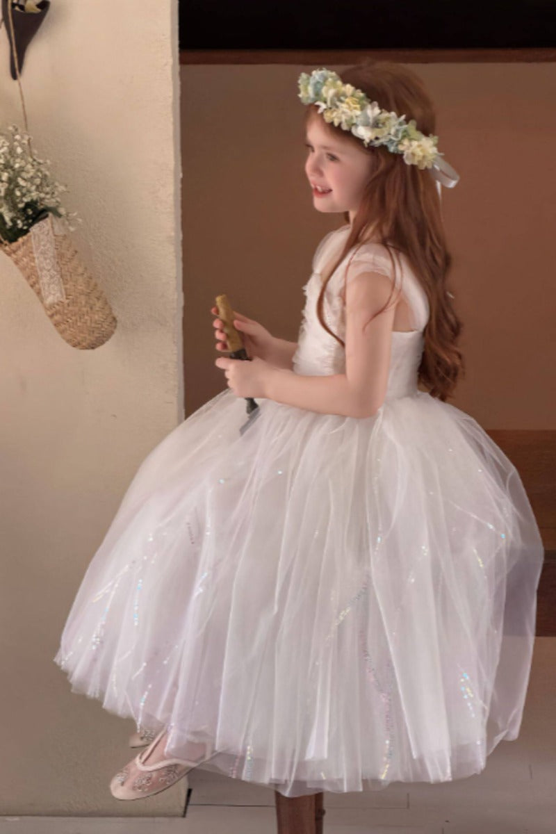 A-Line Glitter Tulle Ruffle Straps Ankle Length Flower Girl Dresses 1038452310663