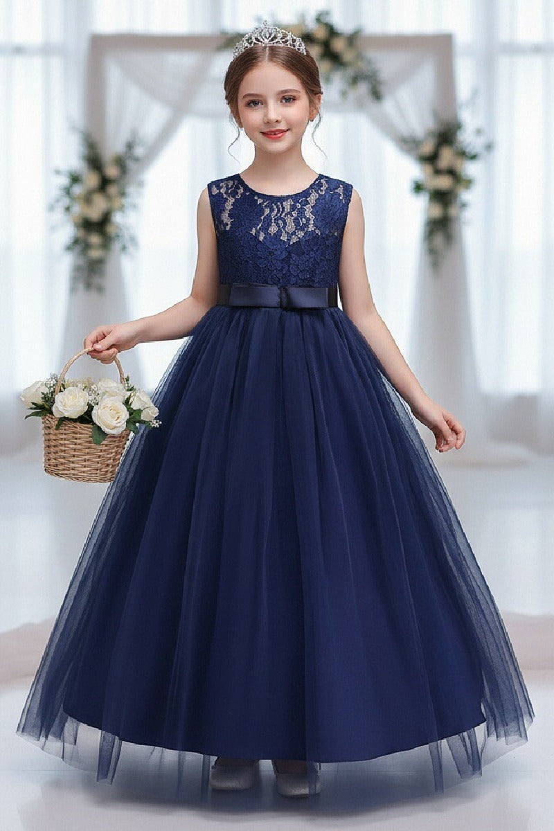 A-Line Round Neck Sleeveless Floral Lace Floor Length Tulle Flower Girl Dresses 1030687853202