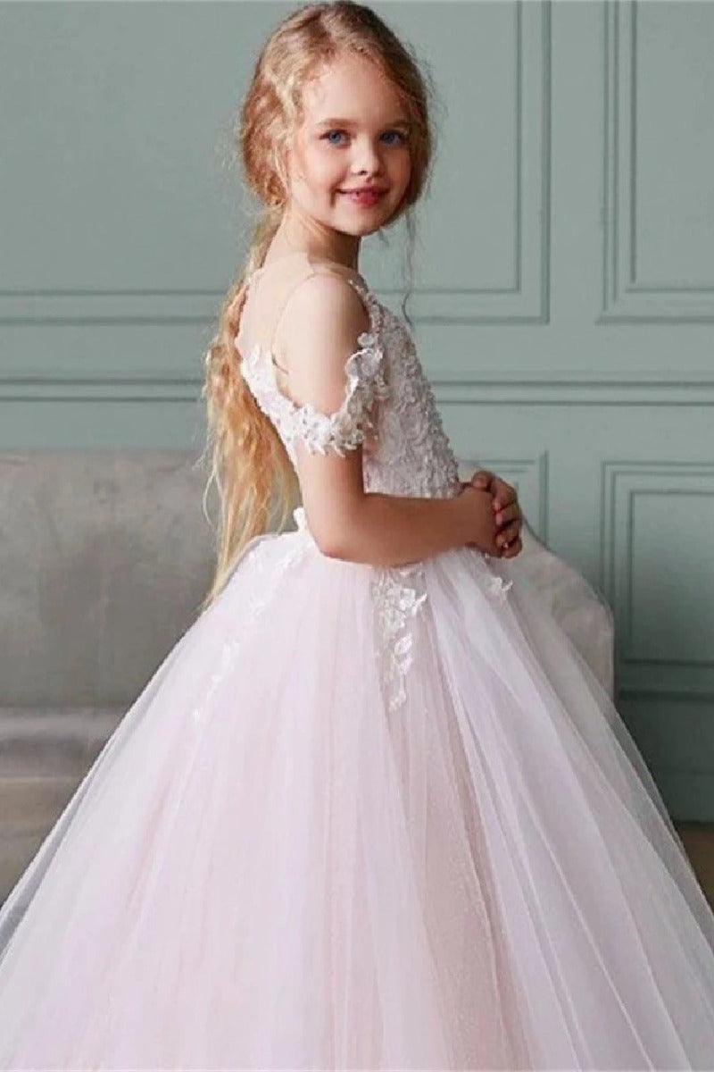 A-Line Illusion Neck Off The Shoulder Sleeves  Tulle Maxi Flower Girl Dresses 827500964252