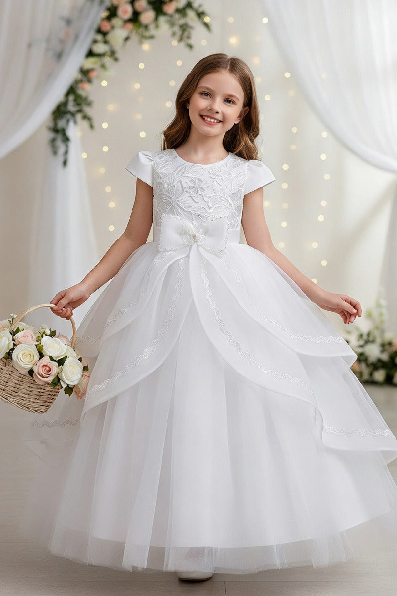 A-Line Round Neck Cap Sleeve Floor Length Ruffled Tulle Flower Girl Dresses 1028258095884