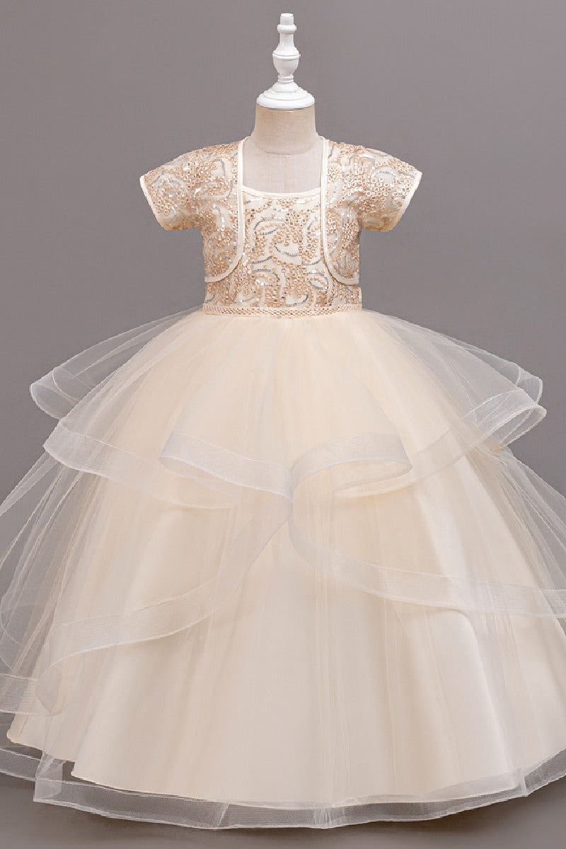 Two-Piece Sequin Lace Short Sleeve Bolero Jacket With Spaghetti Strap Tulle Floor-Length Flower Girl Dresses 1030169357466